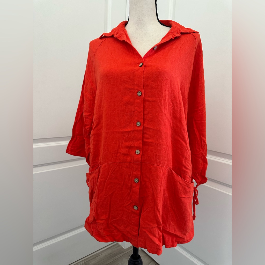 Free People Vibrant Red/Orange Button Down Oversized Long Sleeve Shirt Dress